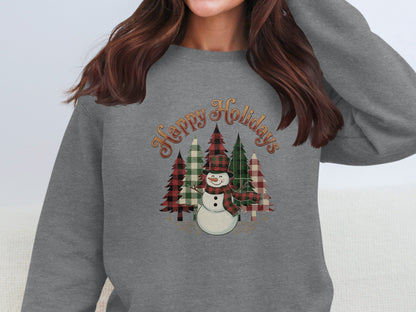 Happy Holidays Snowman and Trees Festive Sweatshirt