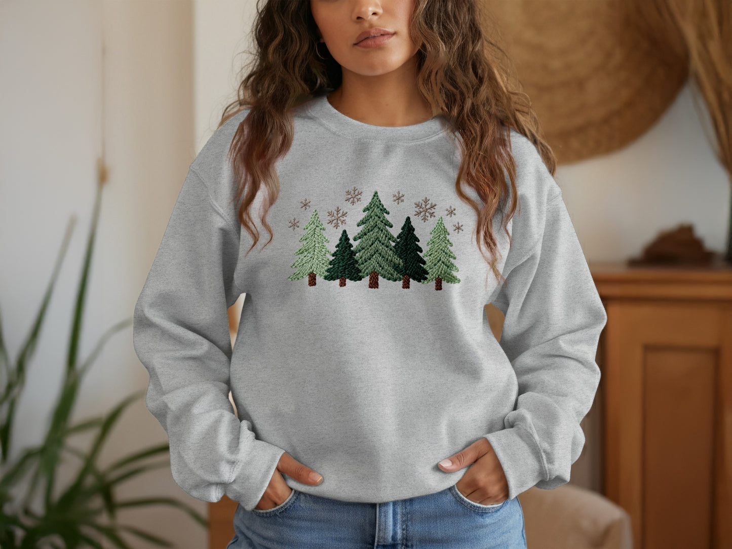 Cozy Holiday Trees Snowflake Graphic Sweatshirt