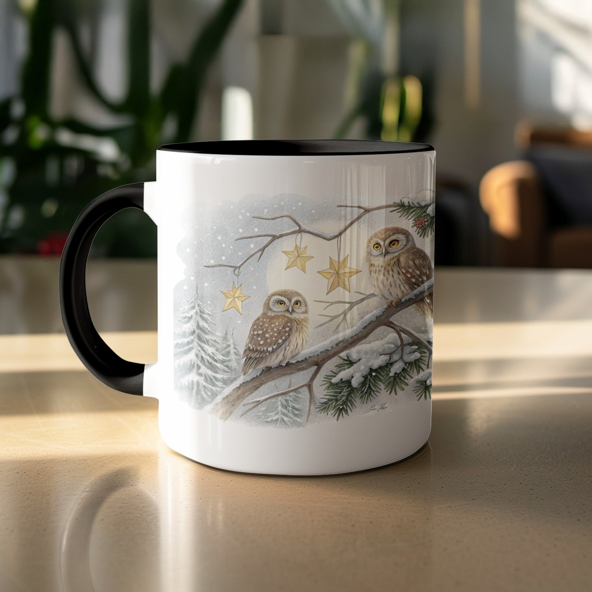 Cute Owls In Winter Scene Coffee Mug