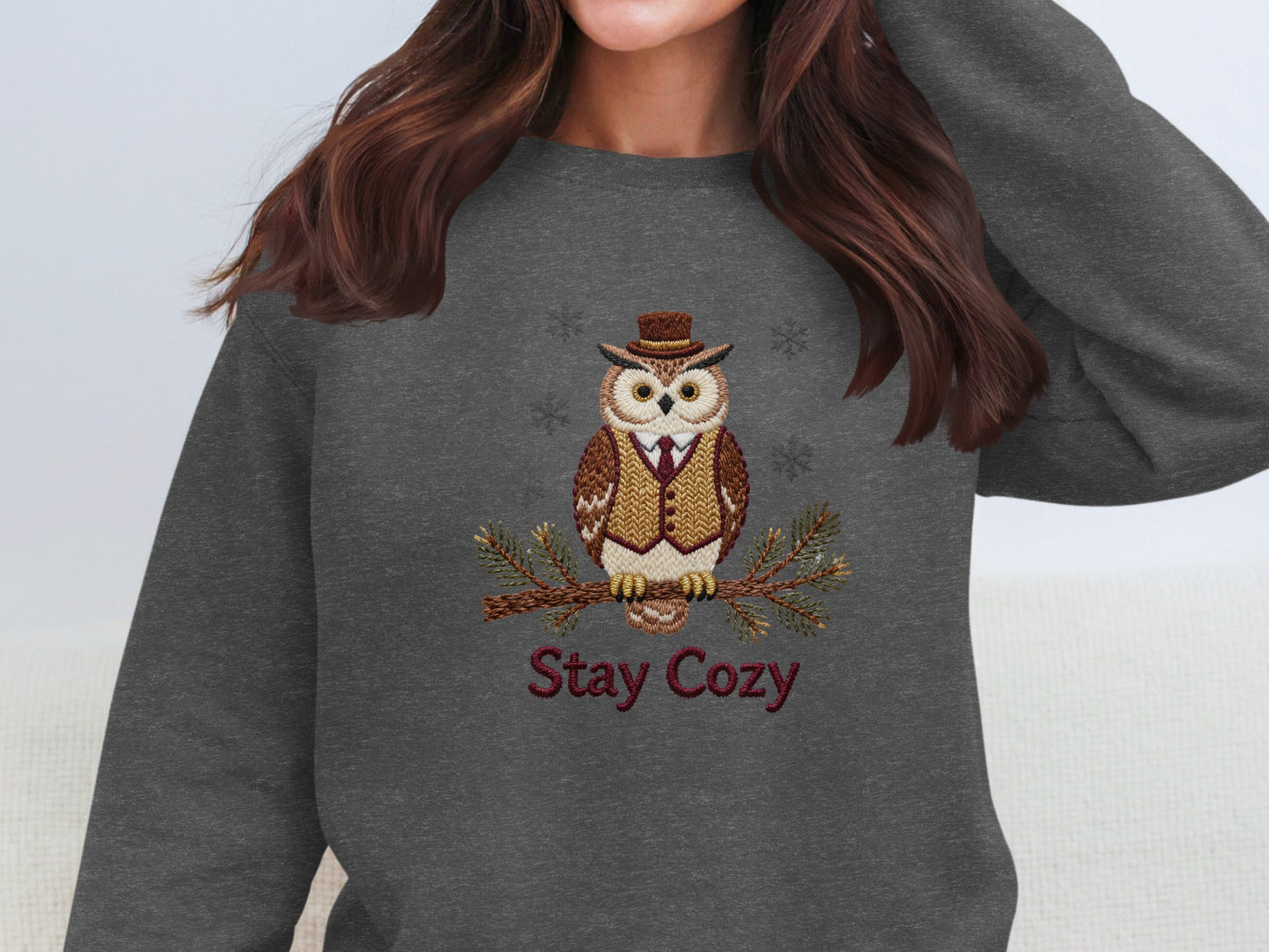 Stay Cozy Owl Embroidery Sweater with Owl Design
