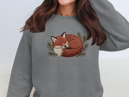 Cozy Sleepy Fox Embroidered Design on Grey product type