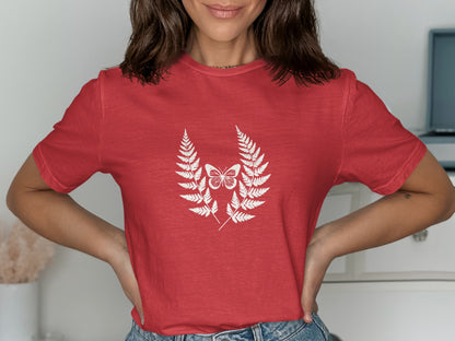 Trendy Red T-shirt with White Butterfly and Ferns product type