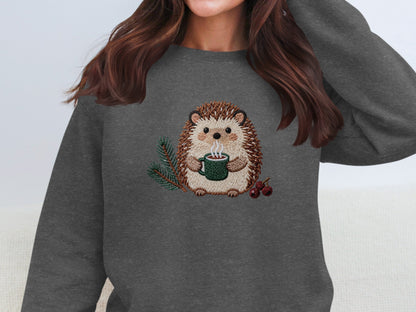 Cozy Hedgehog Holding Mug Embroidered Sweater
