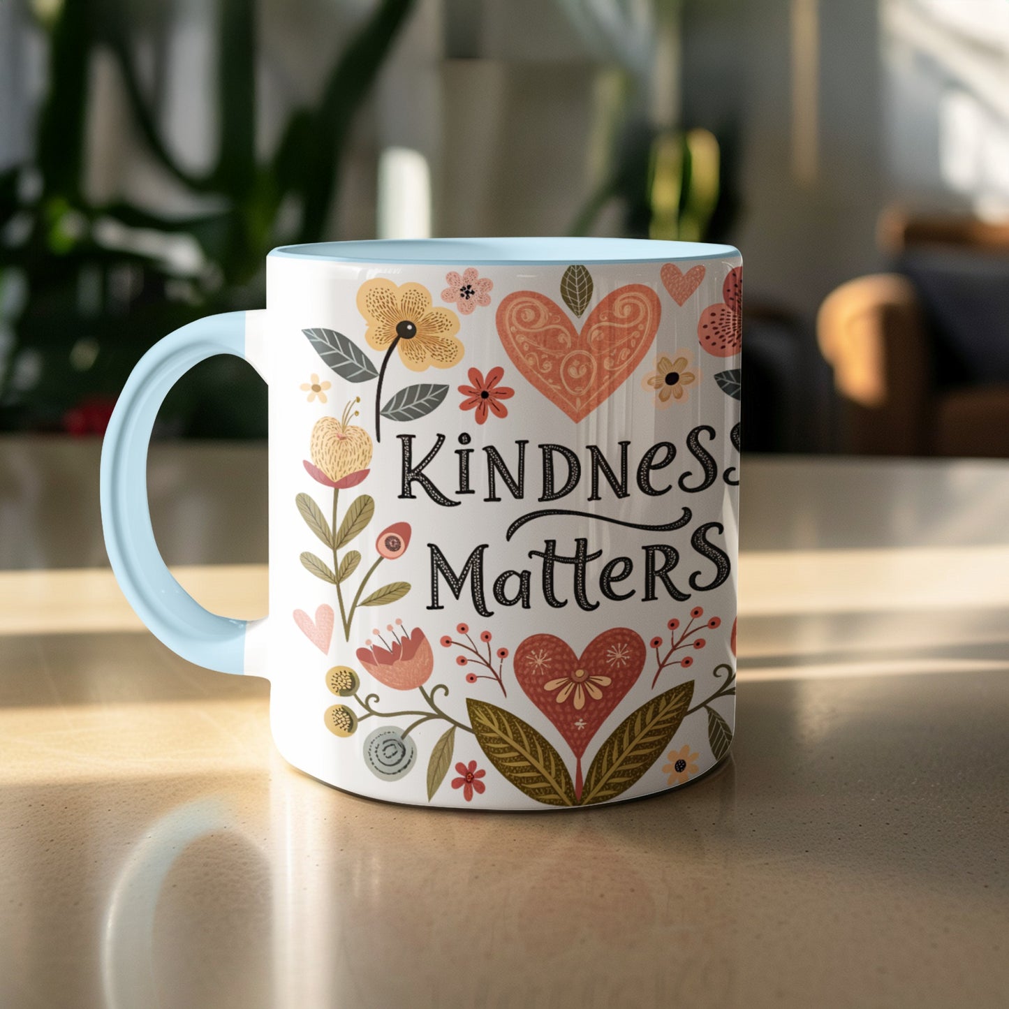 Kindness Matters Mug with Floral and Heart Design