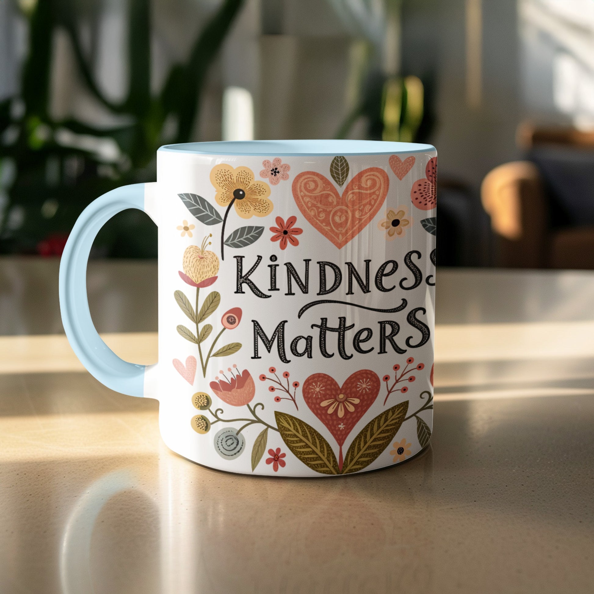 Kindness Matters Mug with Floral and Heart Design