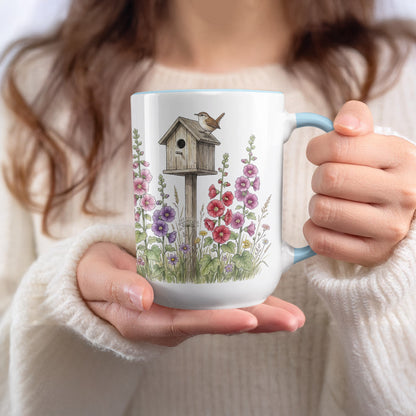 Hand-Painted Birdhouse and Flowers Design Mug