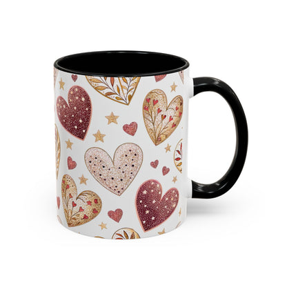 Festive Hearts and Stars Design Black Handle Mug