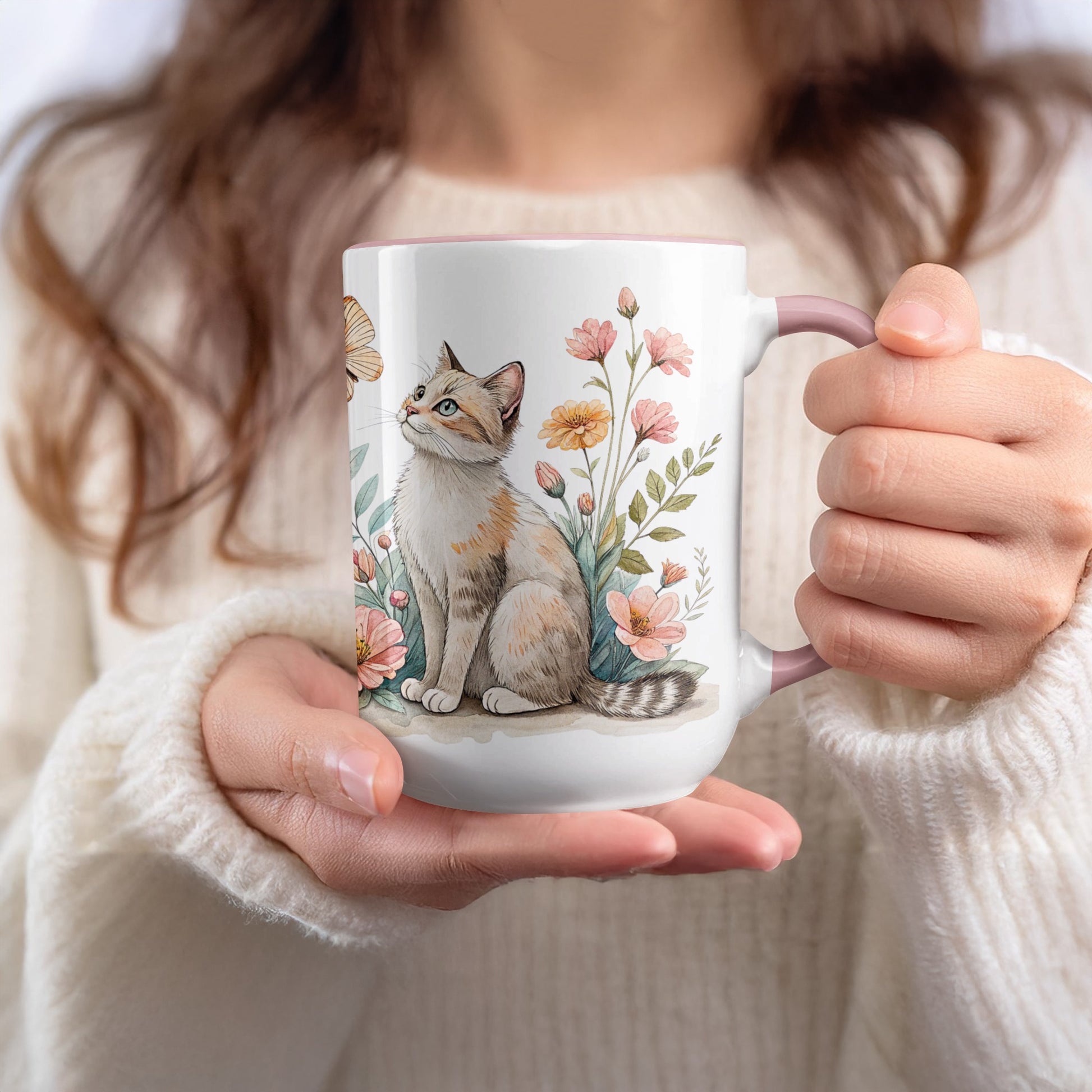 Cute Cat and Floral Illustration Mug Perfect for Cat Lovers
