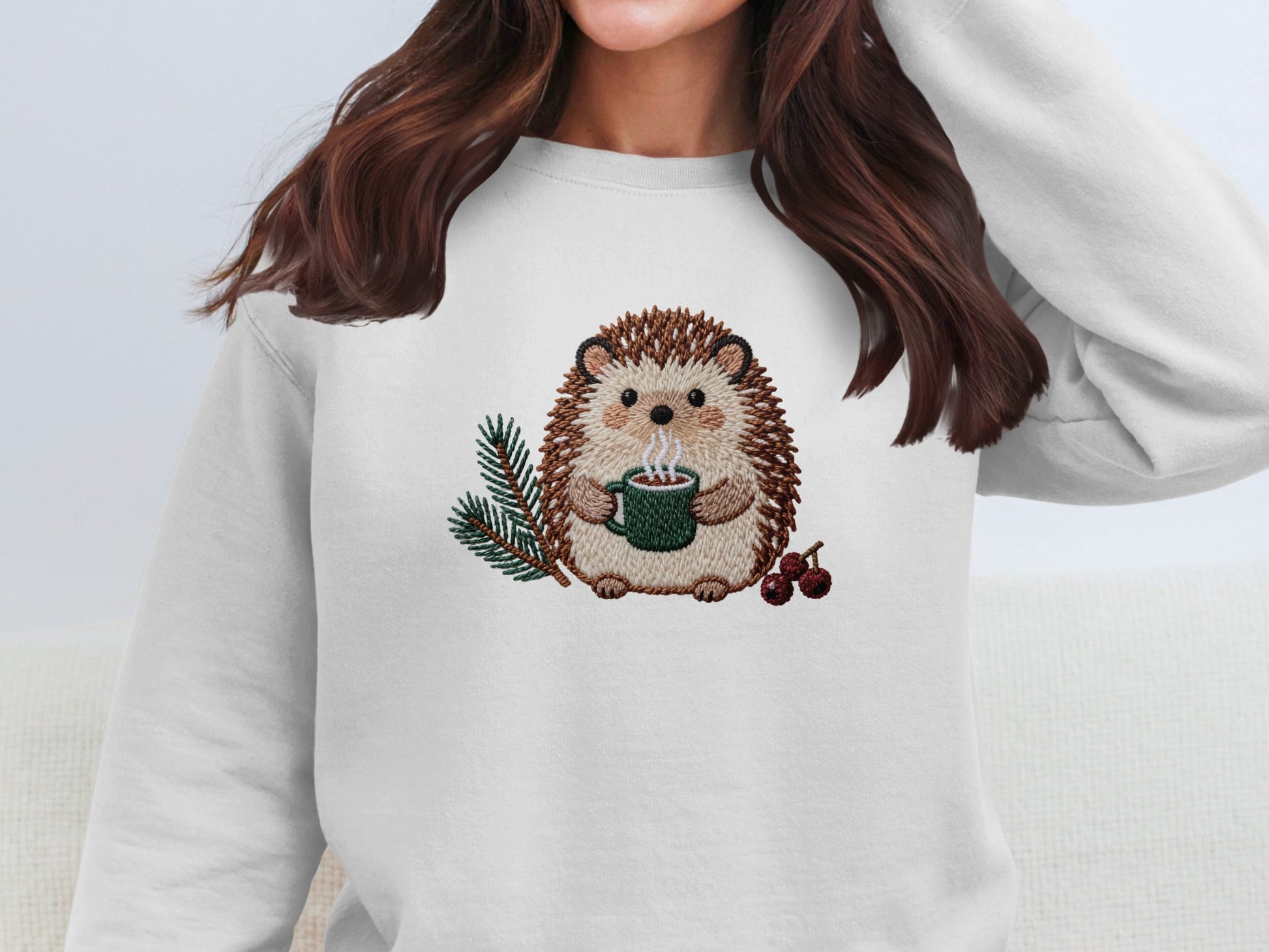 Cozy Hedgehog Holding Hot Drink Embroidered Sweatshirt