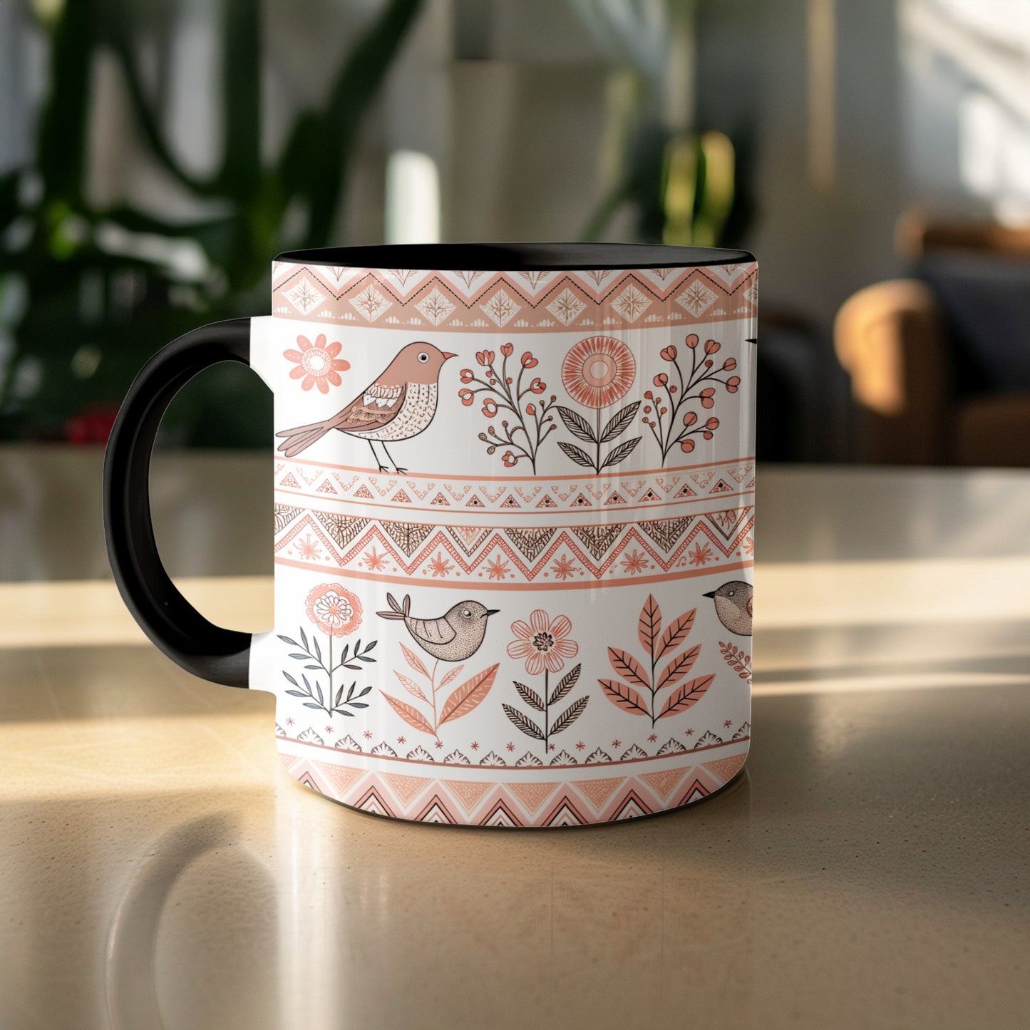 Artistic Floral Pattern Bird Design Coffee Mug