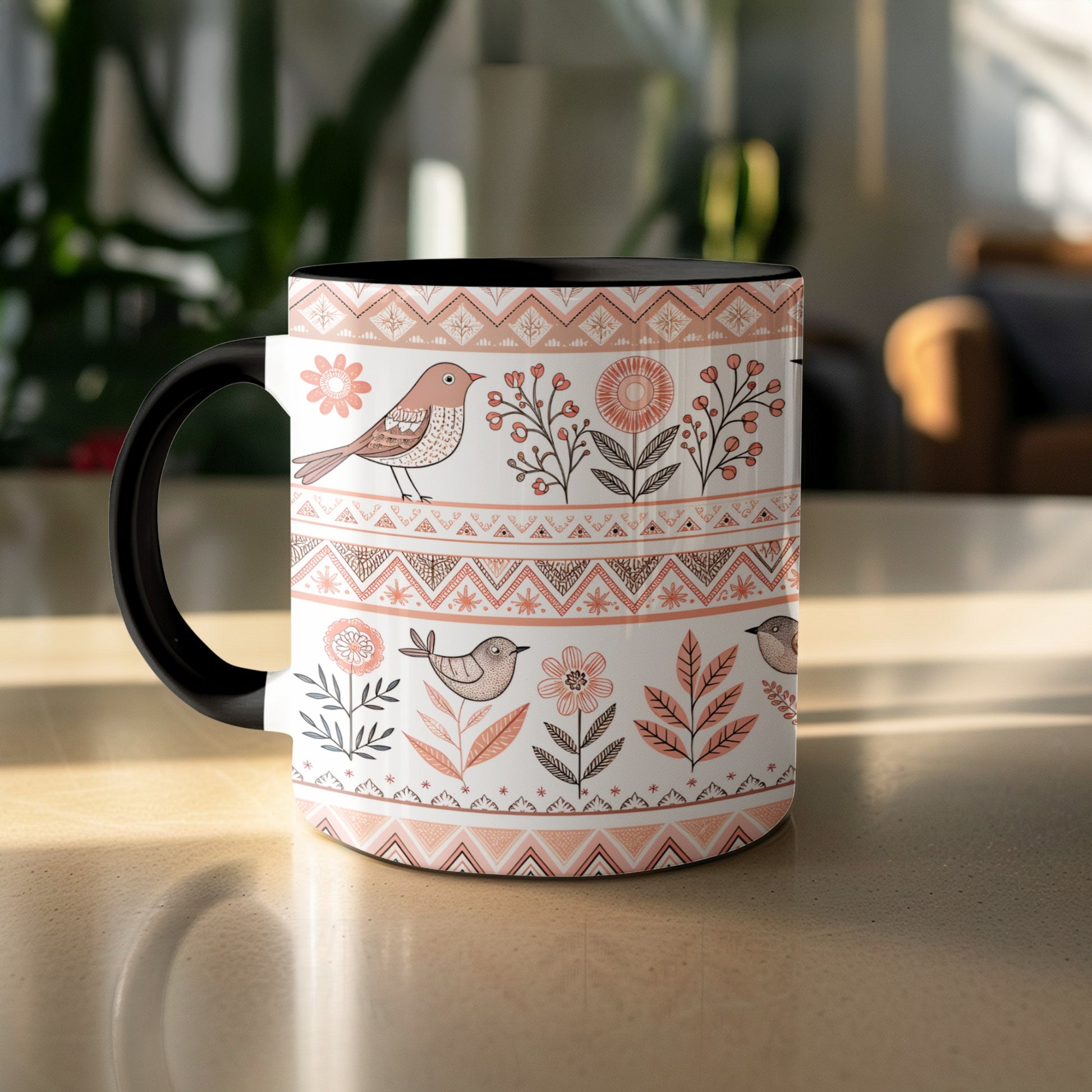 Artistic Floral Pattern Bird Design Coffee Mug
