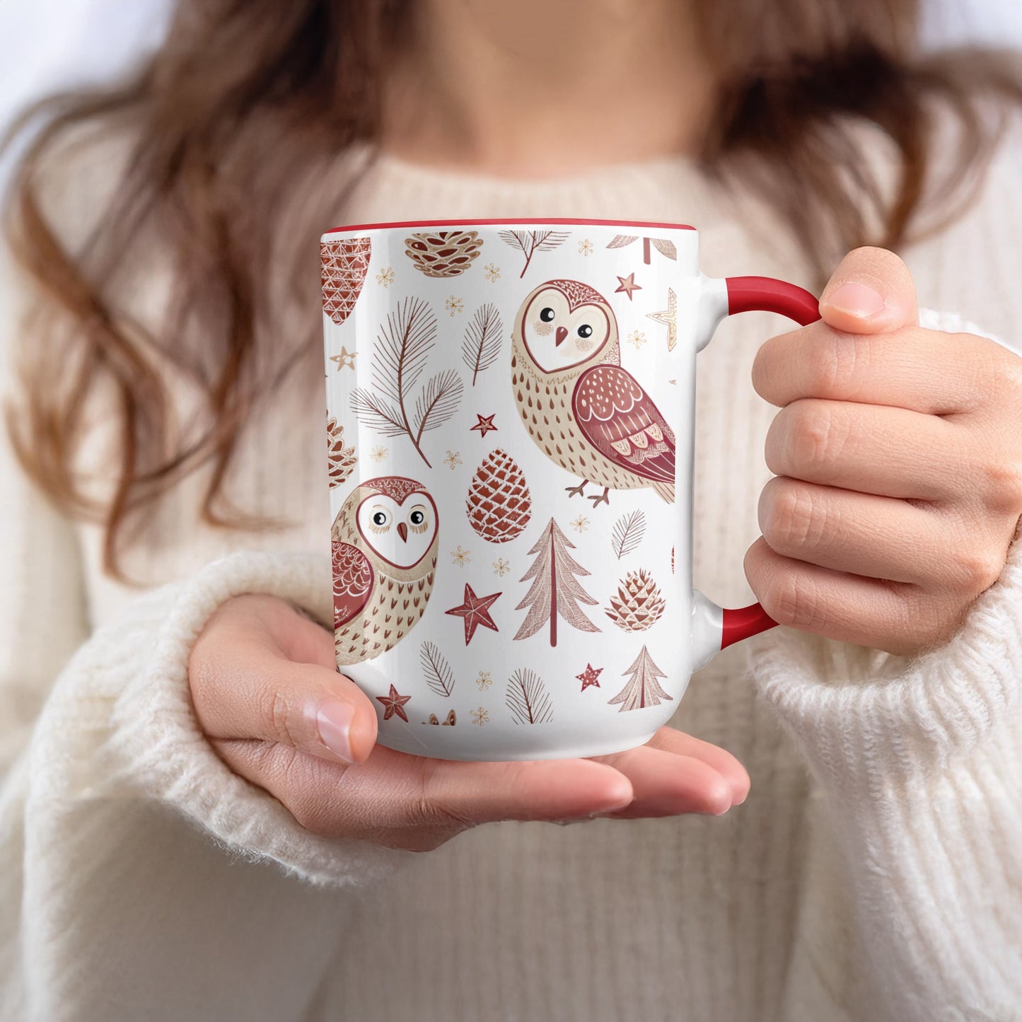 Cute Owl and Pine Cones Christmas Themed Mug