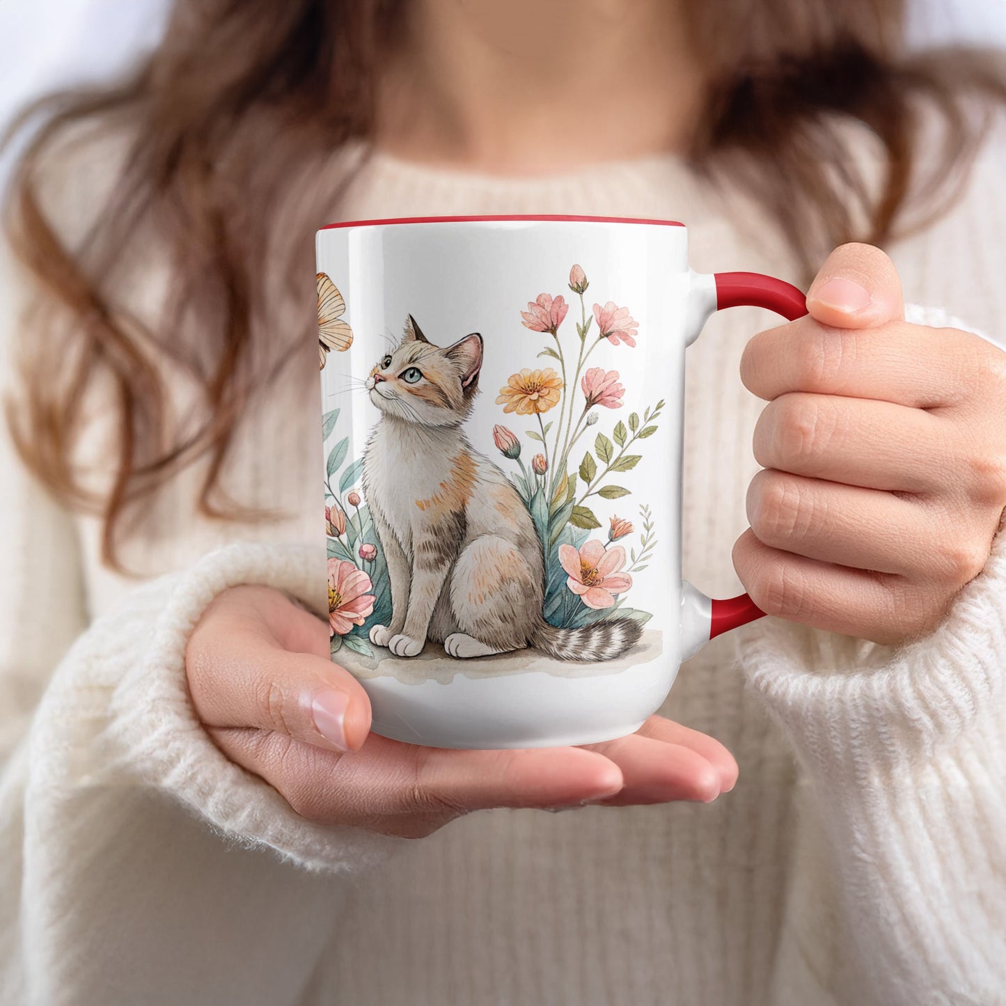 Cute Cat with Butterflies and Flowers Mug