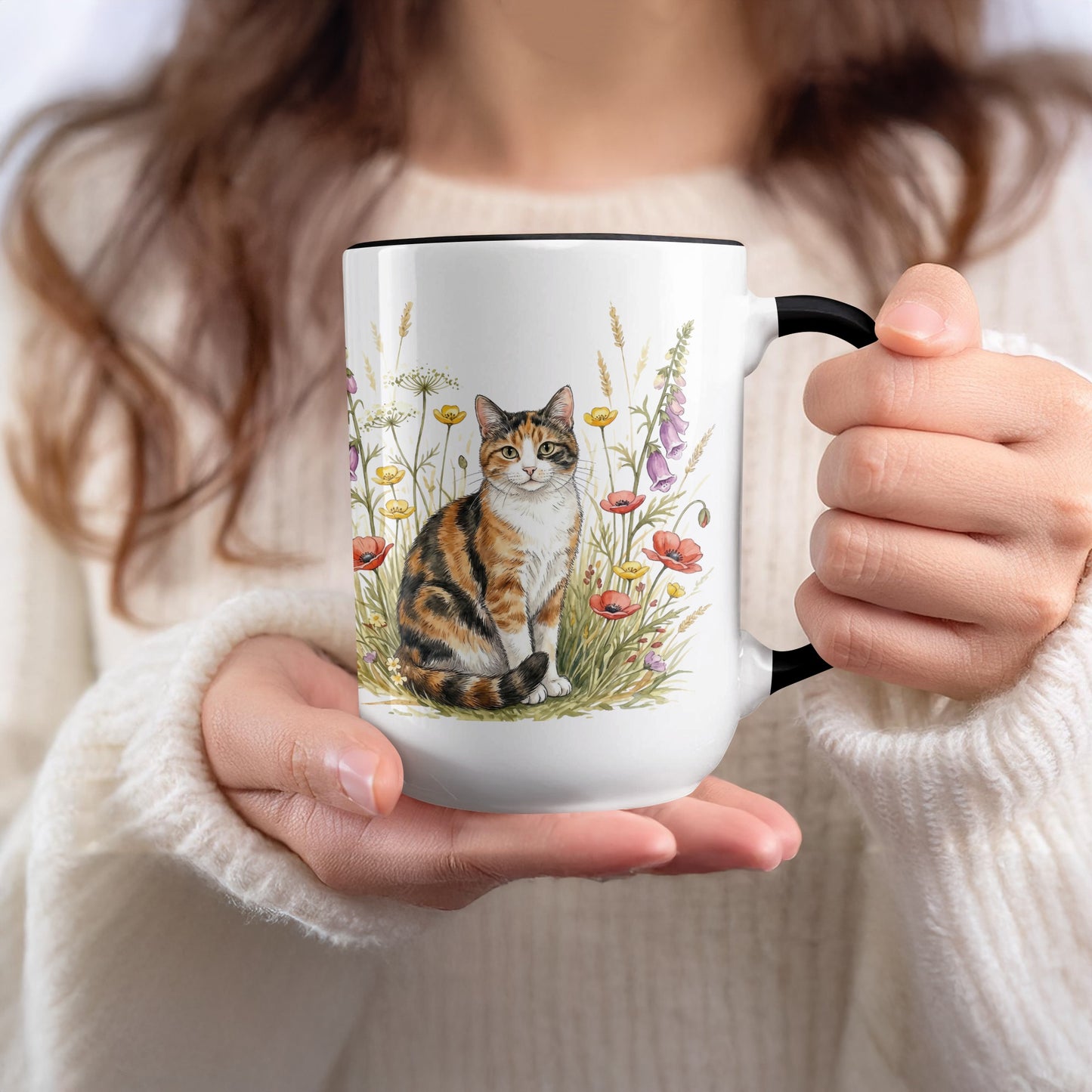 Cute Cat With Wildflowers Coffee Mug for Cat Lovers