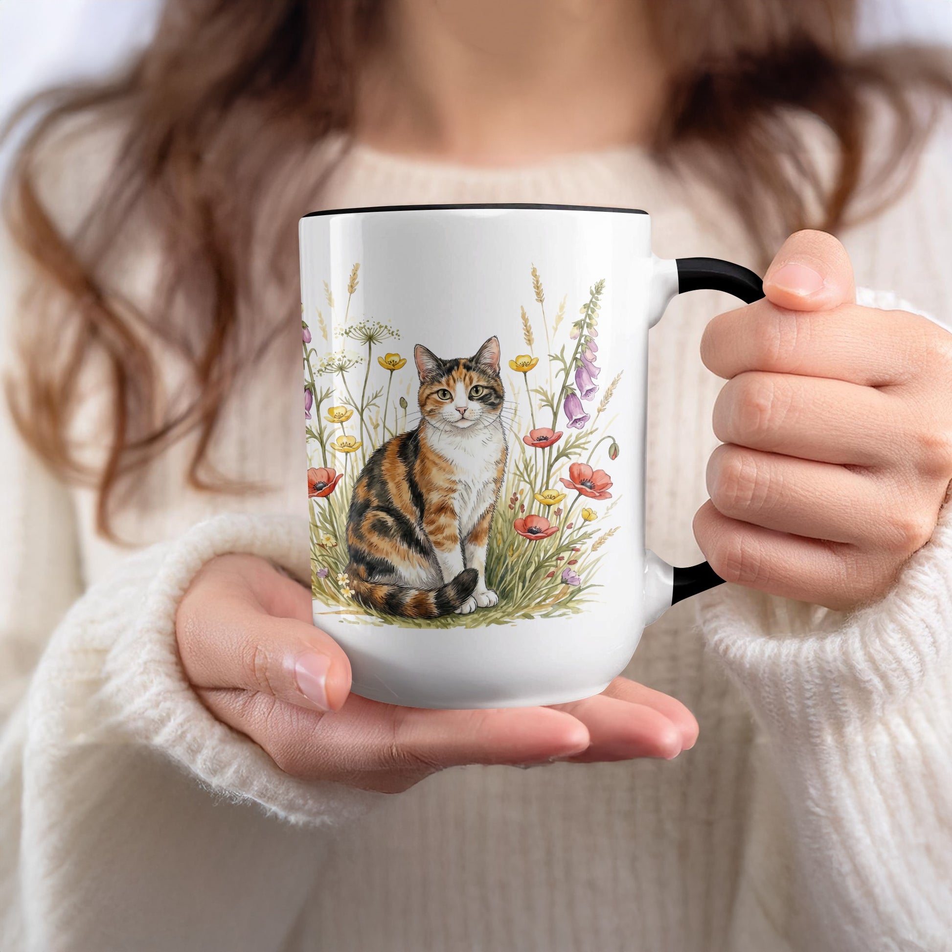 Cute Cat With Wildflowers Coffee Mug for Cat Lovers
