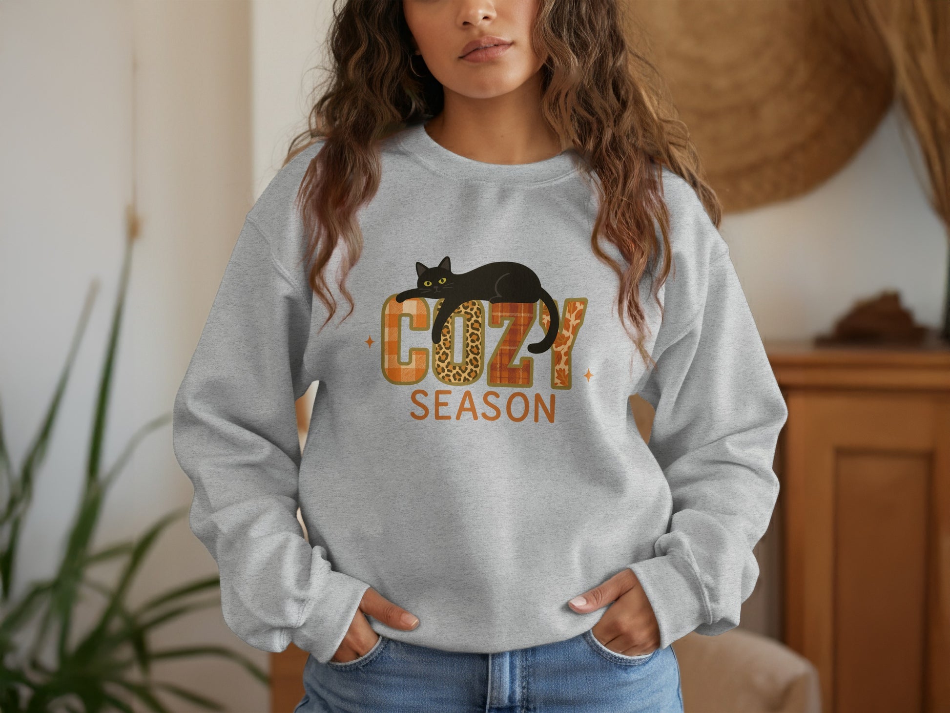 Cozy Season Sweatshirt with Cat Design
