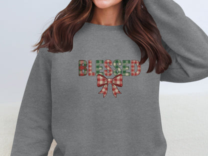 Blessed Plaid Text With Bow Graphic Sweatshirt