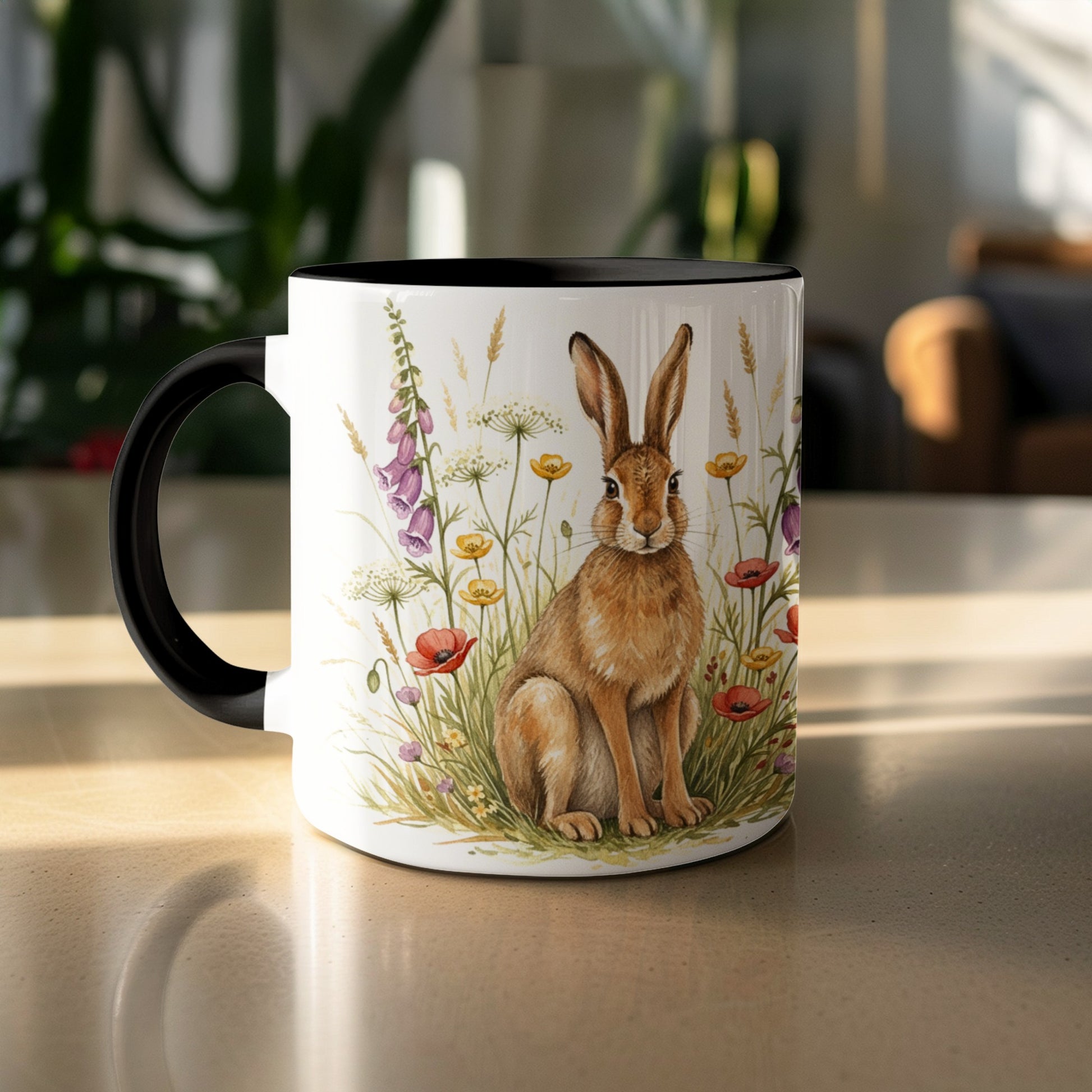Adorable Bunny and Flowers Art on Coffee Mug