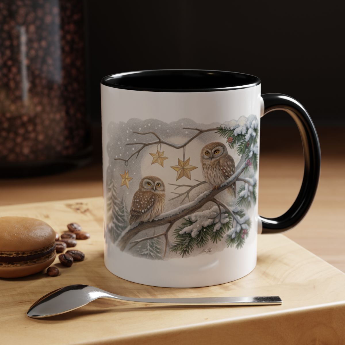 Charming Winter Owl Art on Coffee Mug Product