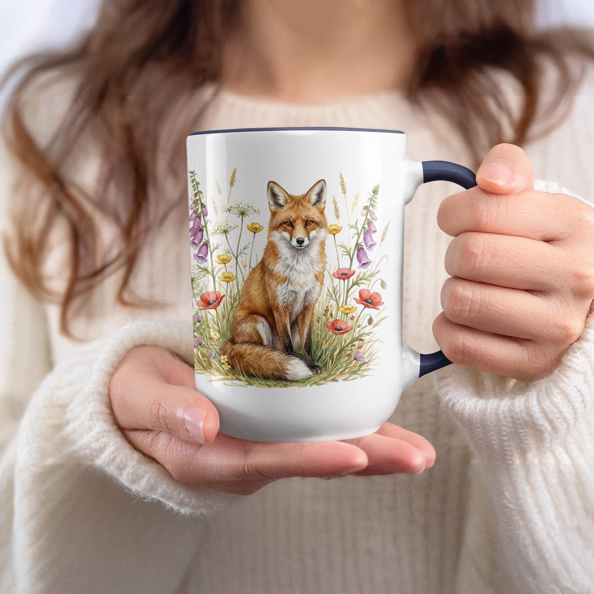 Beautiful Ceramic Mug with Cute Fox in Floral Design