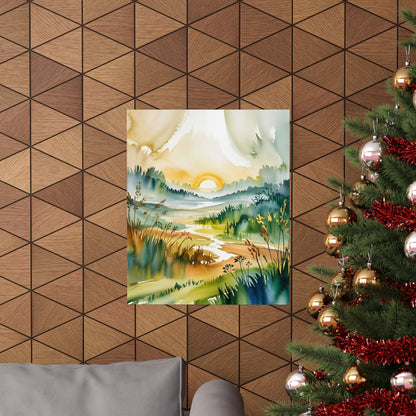 Morning Meadow Sunrise Watercolor Poster