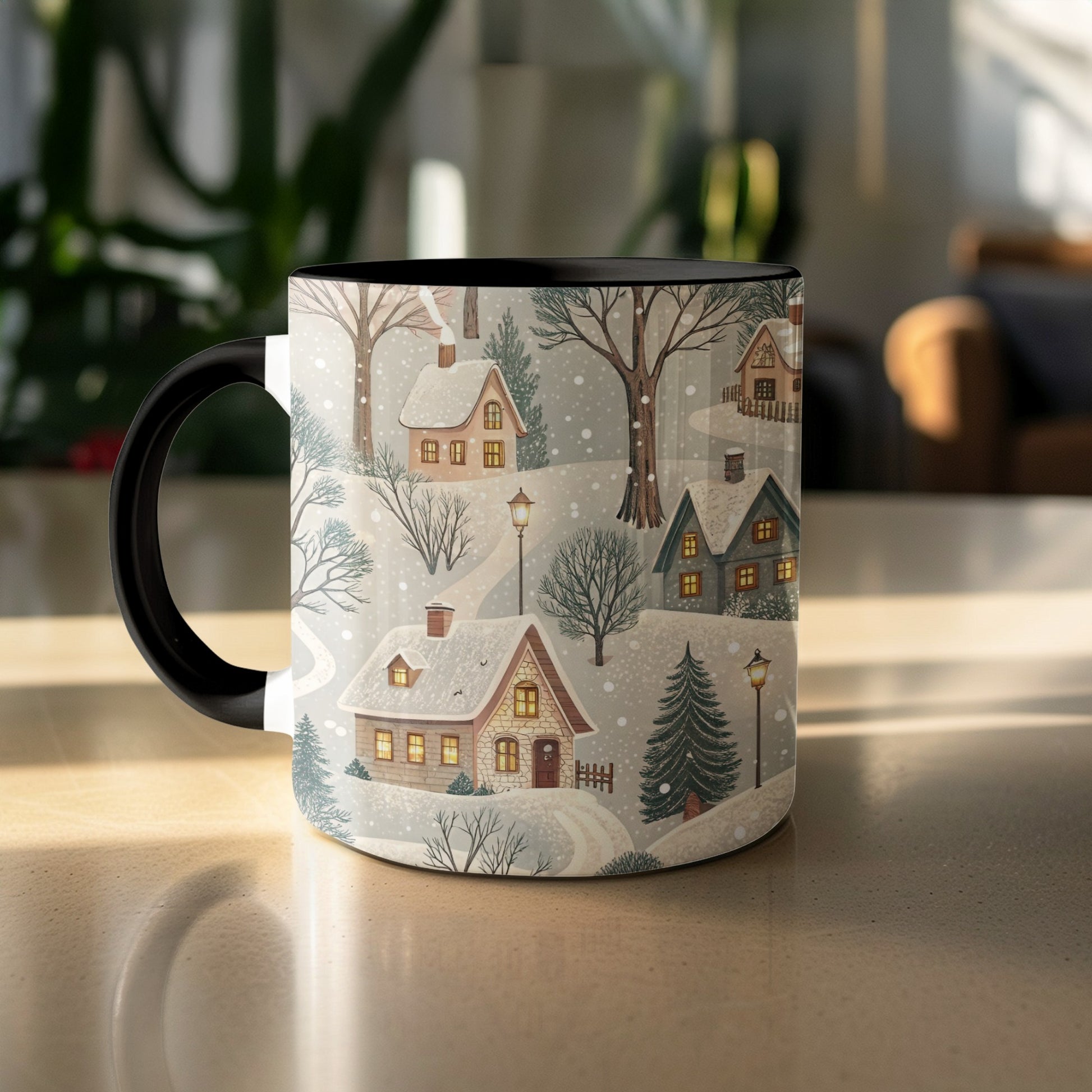 Cozy Snowy Village Scene Mug for Winter