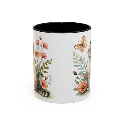 Cute Cat and Butterfly on Floral Background Mug
