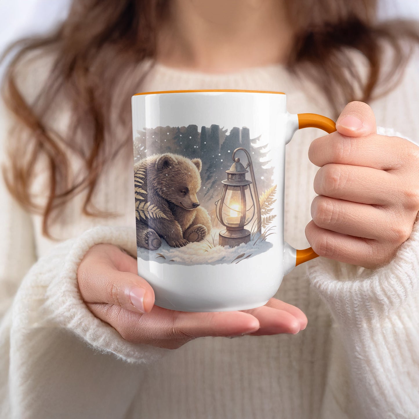 Bear Cub Winter Lantern Design White Coffee Mug