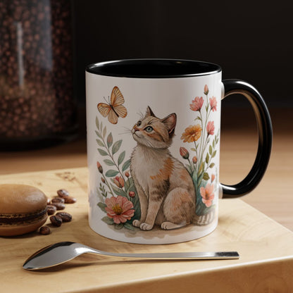 Cute Cat and Butterfly Design Floral Coffee Mug