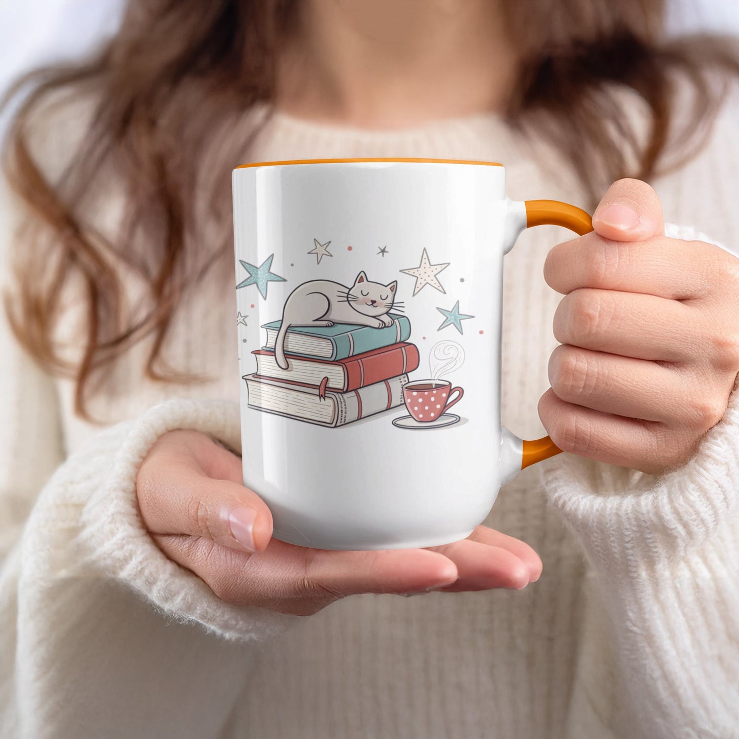 Cozy Cat on Books with Teacup Mug Product