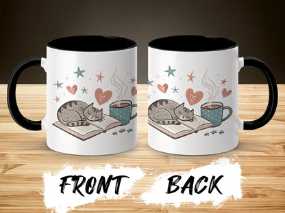 Cozy Cat Reading Mug with Stars and Hearts Design