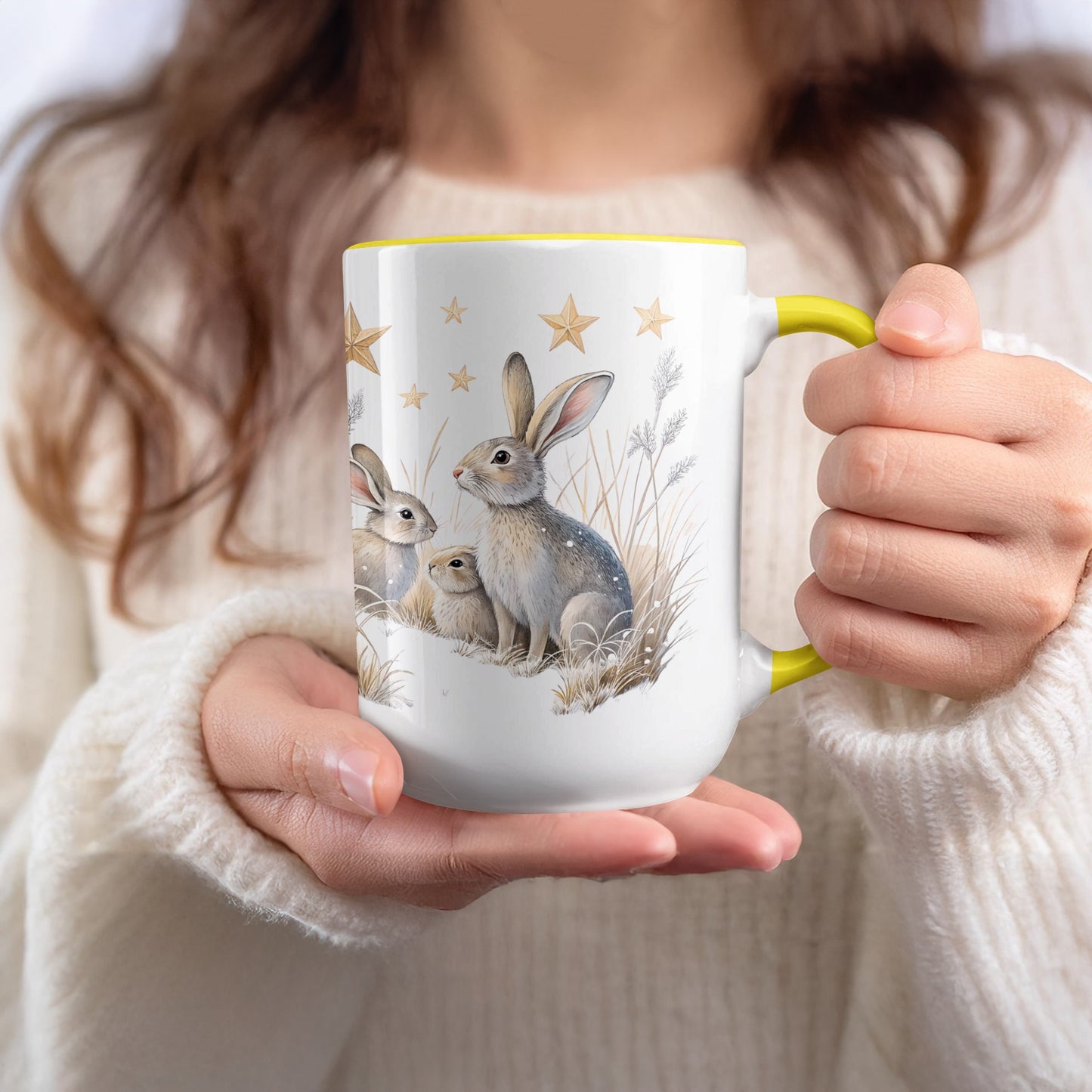 Whimsical Bunny Family Mug with Star Accents