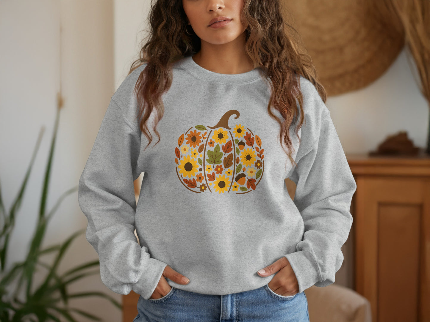 Cozy Pumpkin Design with Floral Patterns Sweatshirt