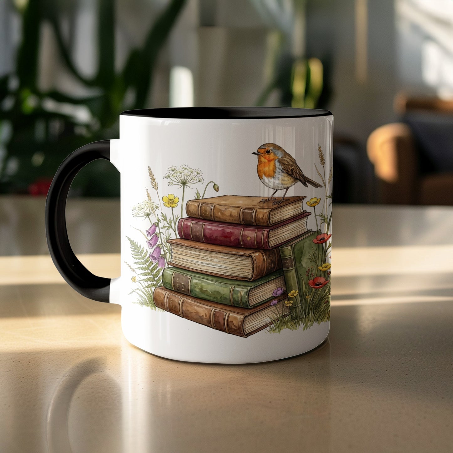 Charming Mug with Bird and Books Illustration Design