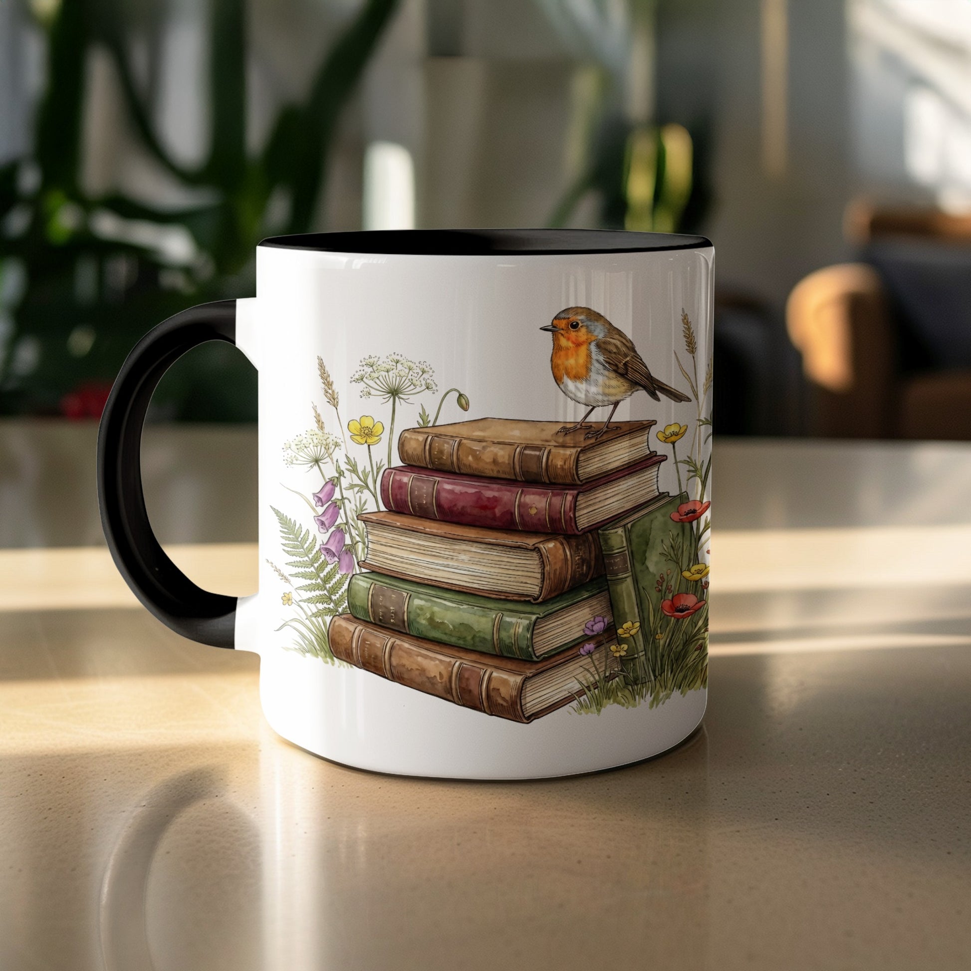 Charming Mug with Bird and Books Illustration Design