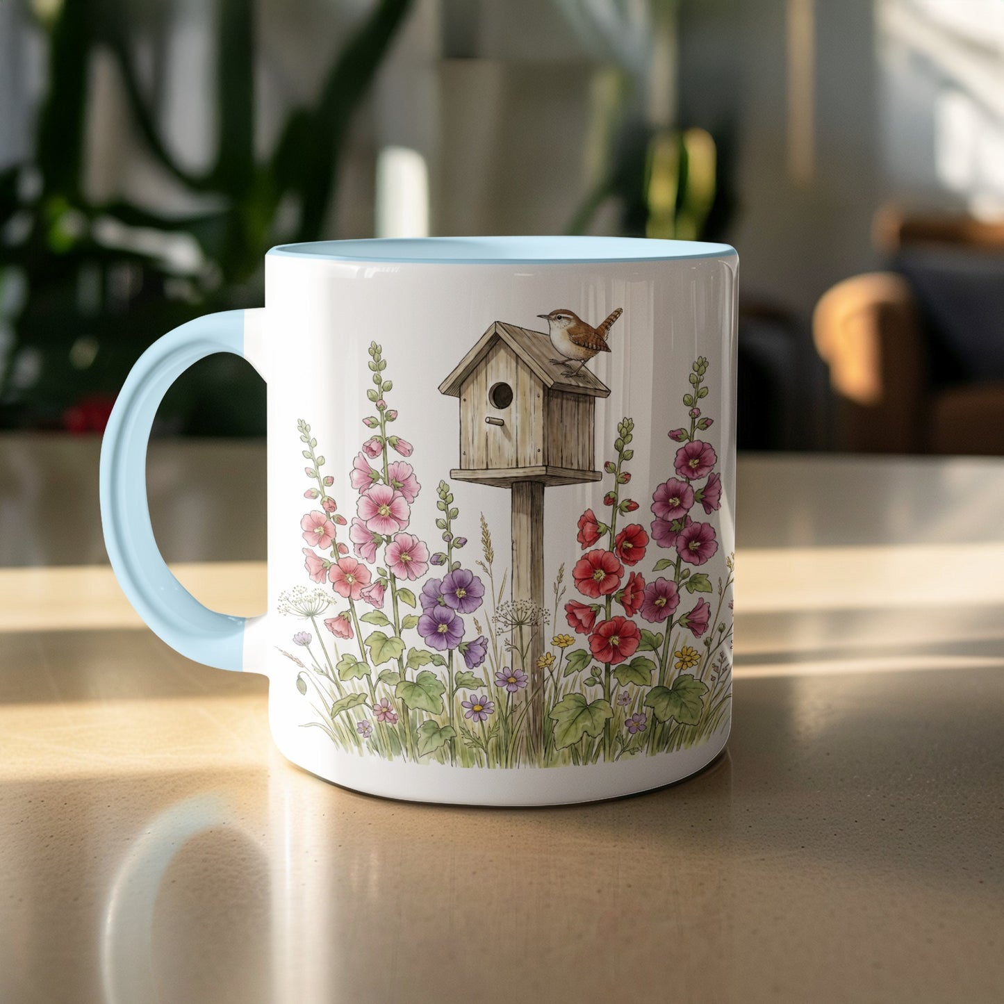 Birdhouse and Floral Design Coffee Mug