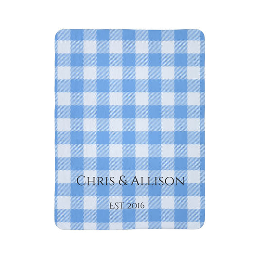 Cozy Blue Gingham Family Name Blanket