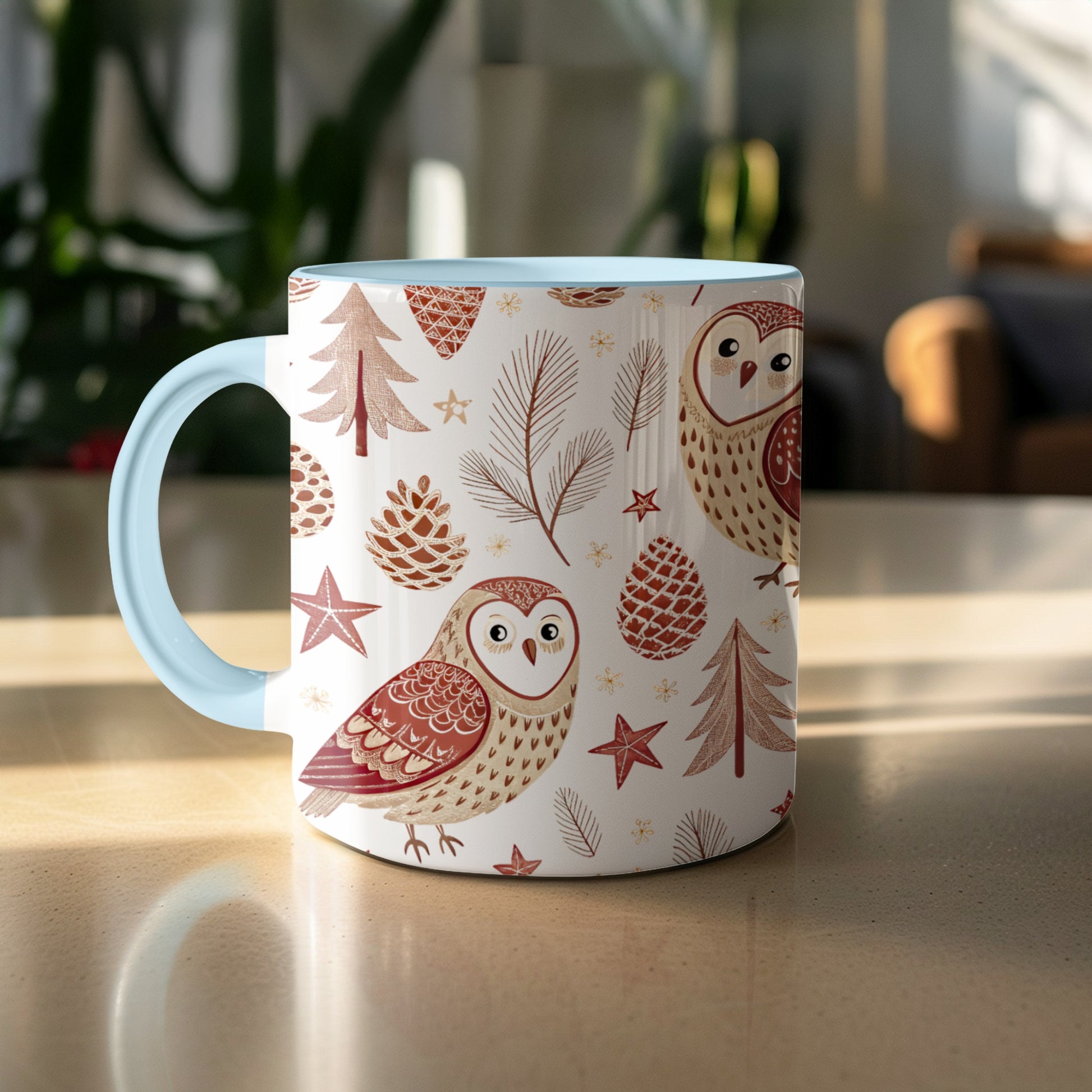Cute Owl and Pine Cones Themed Mug for Coffee Lovers