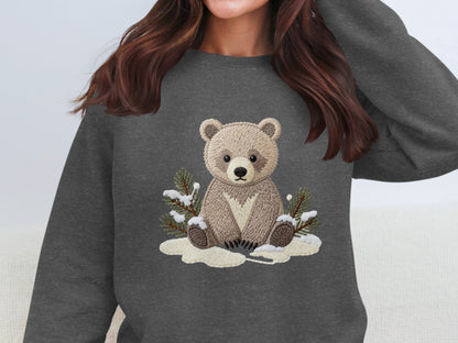 Cute Bear and Pine Trees Embroidered Sweatshirt