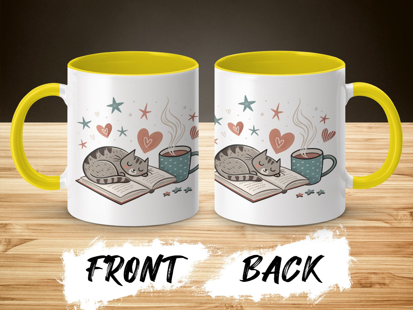 Cat and Coffee Design Yellow Handle Mug