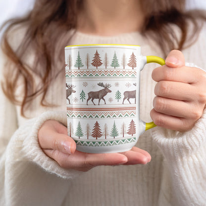 Festive Moose and Trees Pattern Mug with Yellow Handle