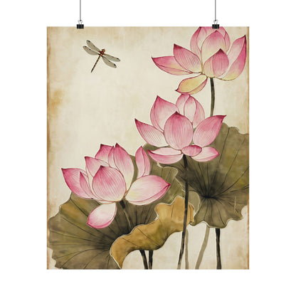 Pink Flowers With Dragonfly Poster