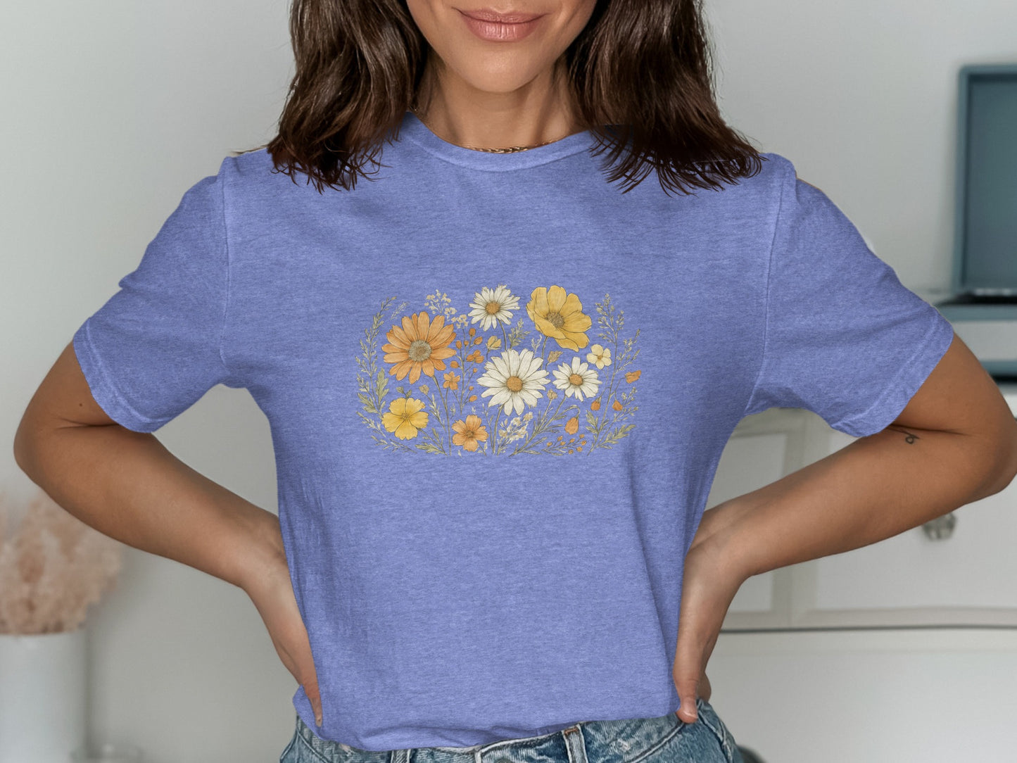 Cute Blue T-Shirt with Yellow White Flowers product type