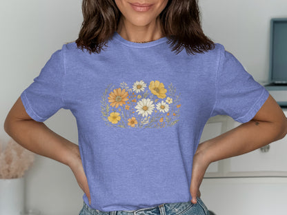 Cute Blue T-Shirt with Yellow White Flowers product type