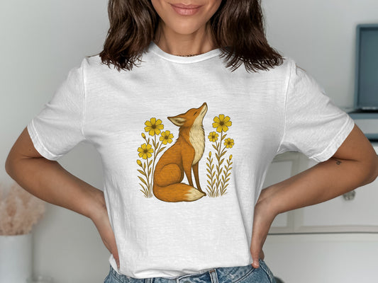 Cute Fox With Flowers Graphic White Shirt product