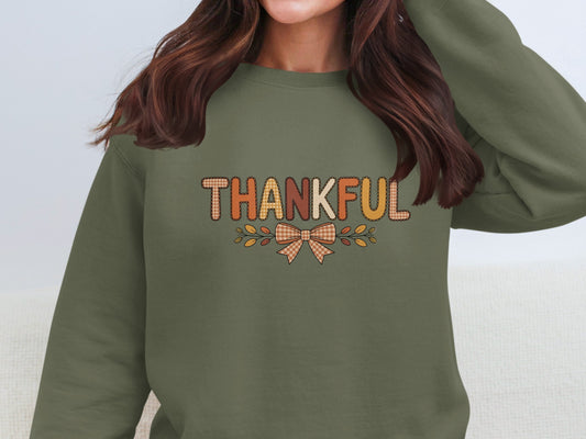 Thankful Graphic Sweatshirt with Bow and Leaves Design
