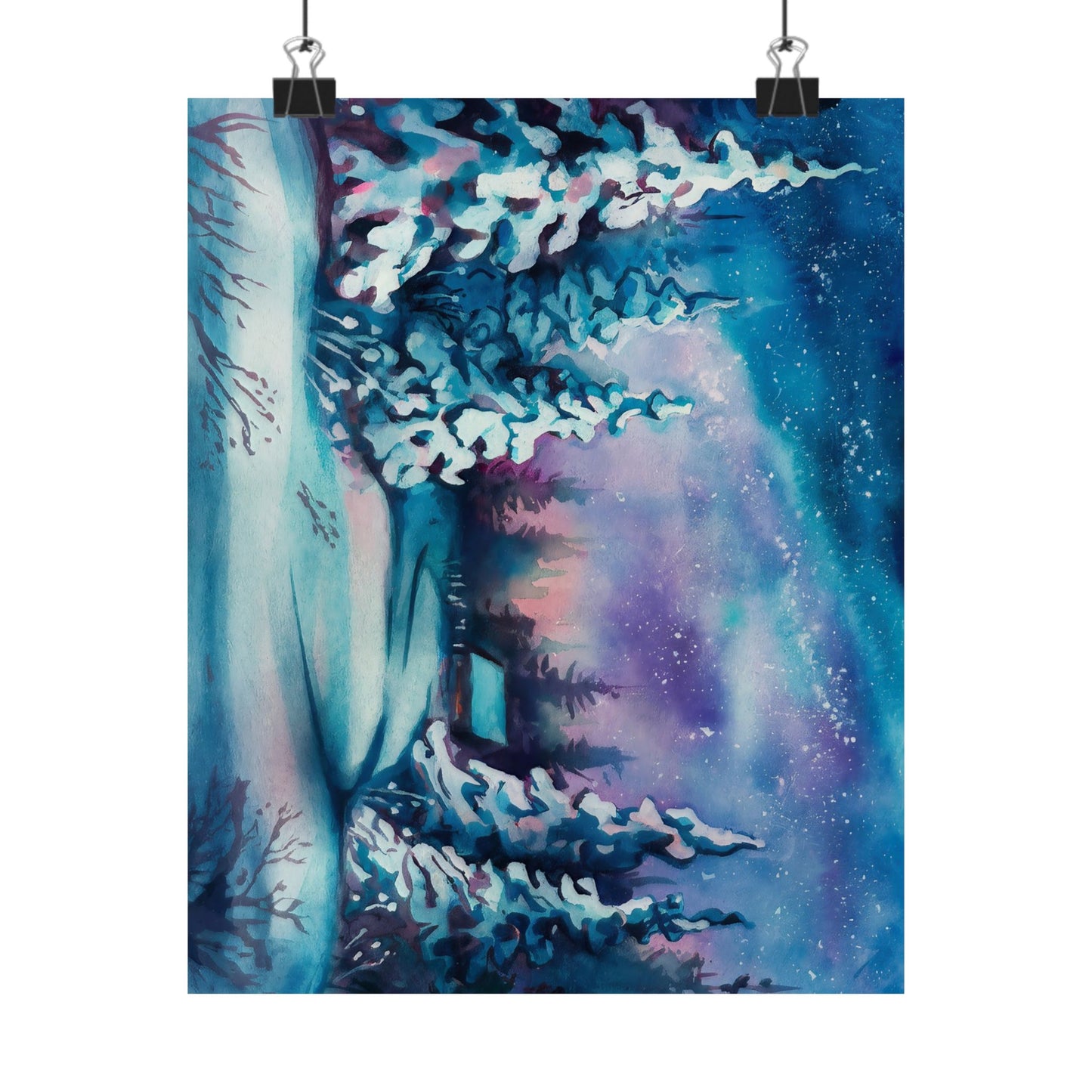 Winter Cabin Watercolor Poster