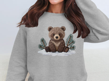 Cozy Bear with Pine Branches Graphic Sweatshirt