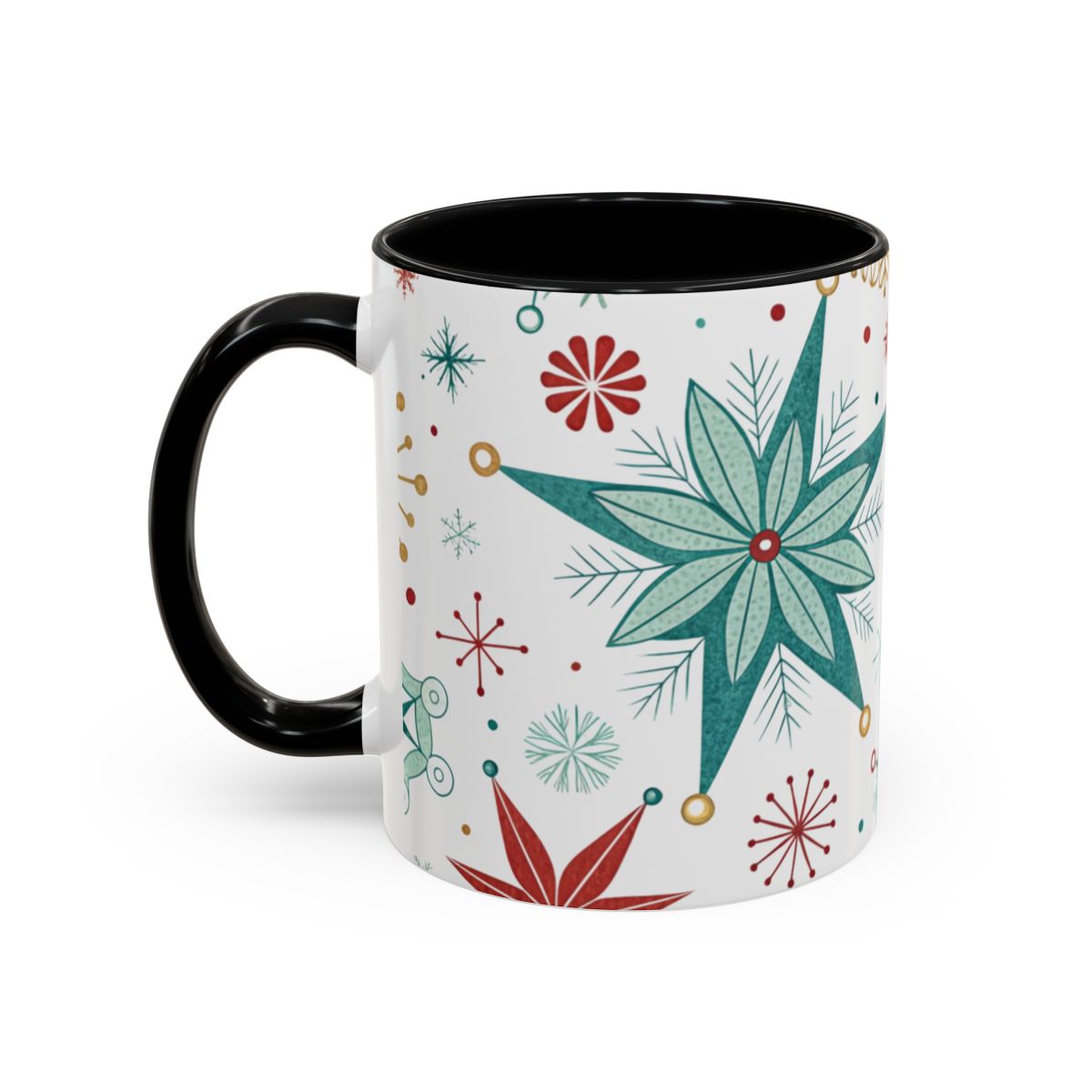 Festive Holiday Star and Snowflake Black Handle Mug