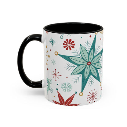 Festive Holiday Star and Snowflake Black Handle Mug
